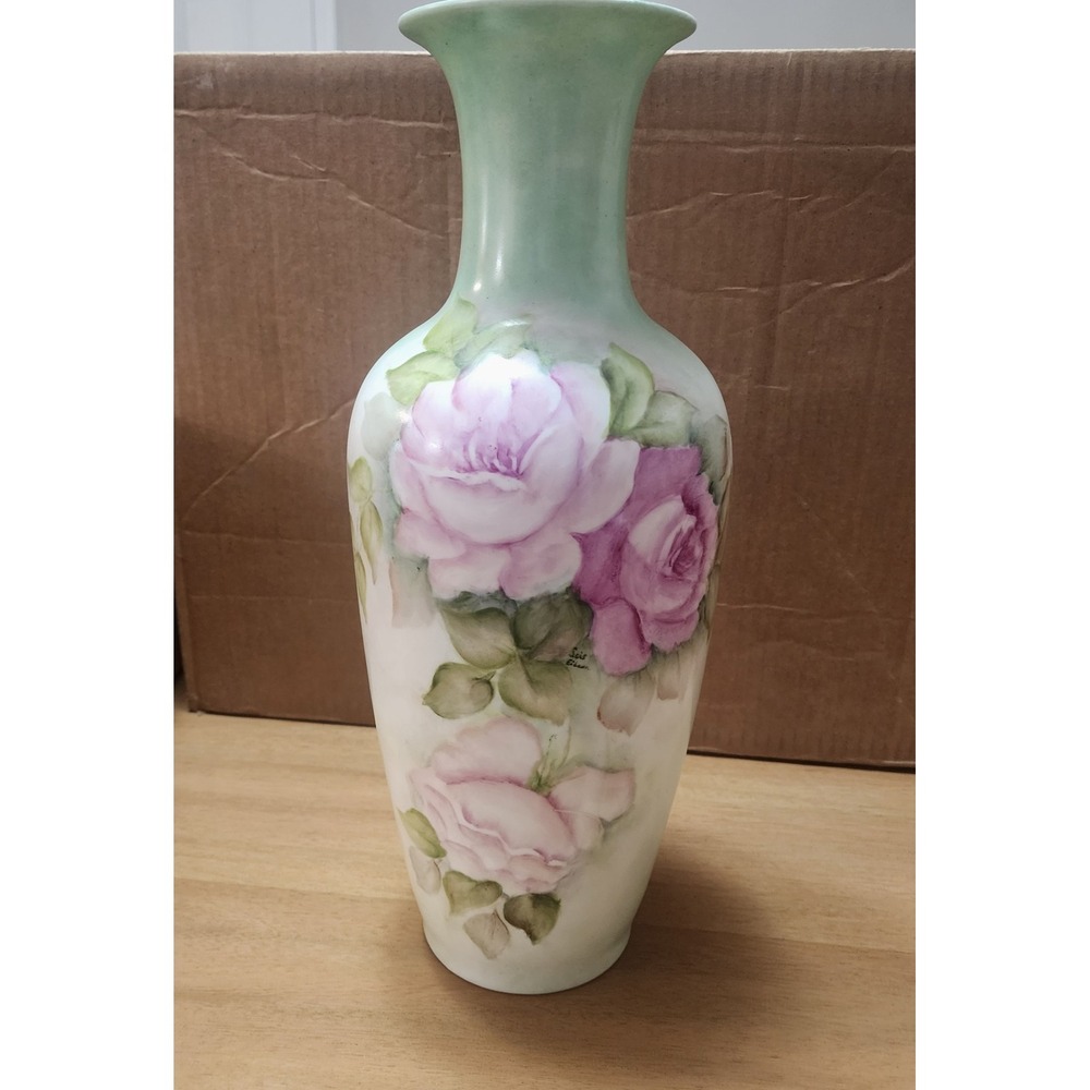 Lois Eidson Signed 16" Large Porcelain Floral Vase Cabbage Rose Edwardian Style